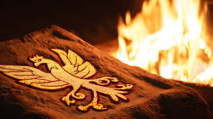 immortality. Phoenix pattern made of colored sand rising from warm ashes. event programs, museum guides, designed for cultural heritage projects and event programs, elevates cultural identity.