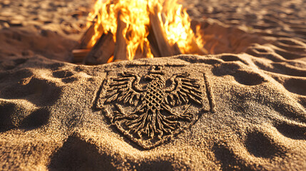 immortality. Phoenix pattern made of colored sand rising from warm ashes. event programs, museum guides, designed for cultural heritage projects and event programs, elevates cultural identity.