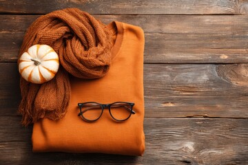 A cozy orange sweater and brown scarf are neatly placed on a wooden surface, with stylish black glasses resting on top. Autumn concept