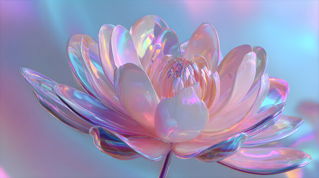 Iridescent lotus flower glowing with pastel holographic colors