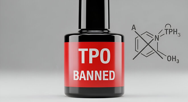 Gel polish bottle with TPO warning label on clean background.