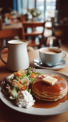 優しい光に包まれたカフェの朝食風景｜手作り、自然光、丁寧な暮らし、ぬくもりのある食卓、カフェスタイル、朝活、温かみのある空間、ブランチタイム