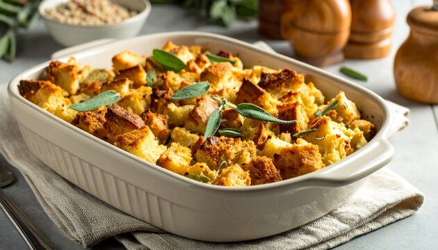 Delicious Thanksgiving Stuffing with Sage in a Baking Dish.