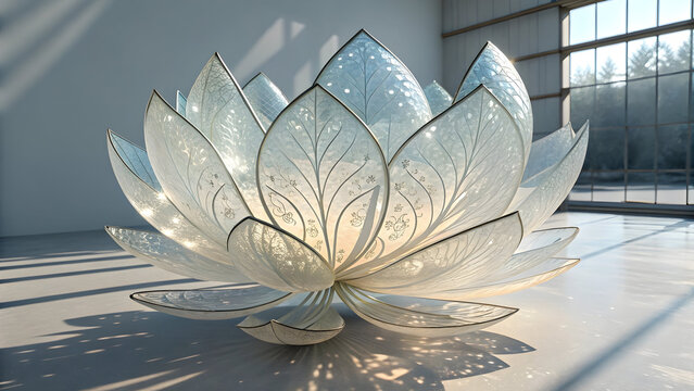 Abstract glass lotus flower sculpture with intricate patterns illuminated by sunlight full hd 4k stock image download - Powered by Adobe