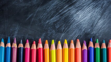 Row of colorful pencils against a blackboard background, perfect for education, creativity, or art-related concepts, back to school banner copy space.