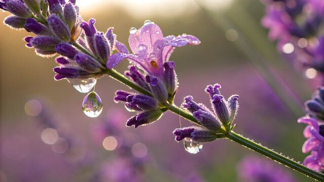 Close up of purple lavender flowers with dewdrops reflecting sunlight full hd 4k stock image download