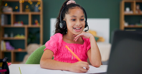 Happy, child and elearning with laptop, headset and listening to remote tutoring session and growth. Online class, student and kid with mic for communication, education and fine motor skills for girl