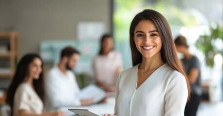 Confident female manager holding a tablet in an open office environment. Team collaboration in the background creates a modern business atmosphere.