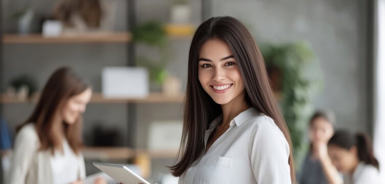 Professional stock photo of a businesswoman in a sleek office setting with her team working. Ideal for websites, presentations, and corporate designs.