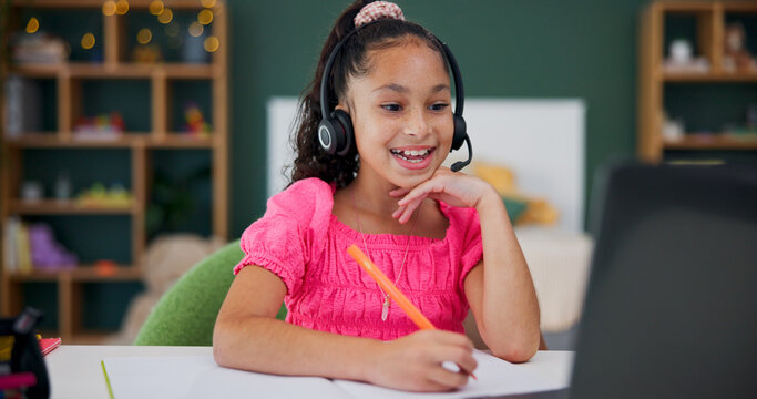 Happy, child and elearning with laptop, headset and listening to remote tutoring session and growth. Online class, student and kid with mic for communication, education and fine motor skills for girl