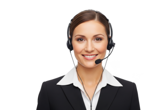Professional smiling female customer service representative wearing a headset and suit jacket isolated on transparent background