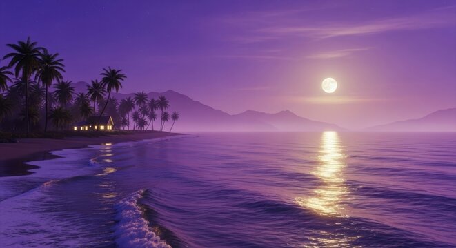 Tropical beach at twilight with full moon and palm trees