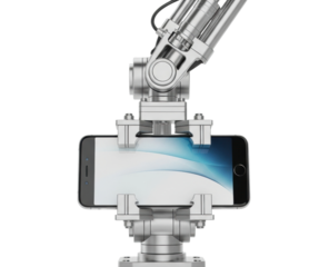 Robotic arm holding smartphone technology industrial isolated on transparent background