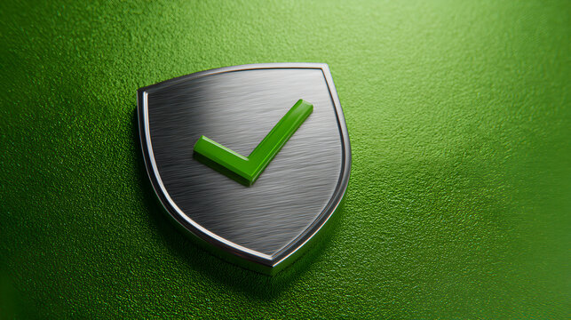 Metallic shield with green check mark indicating security