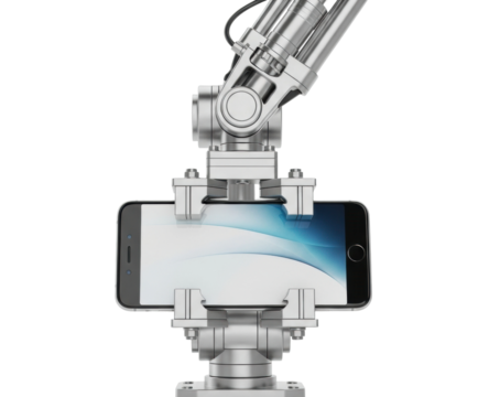 Robotic arm holding smartphone technology industrial isolated on transparent background