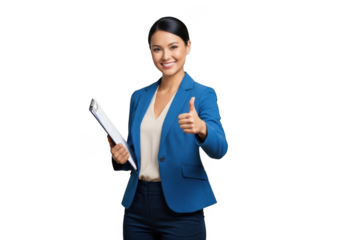 Professional businesswoman in a blue blazer holding a document and giving a thumbs up gesture isolated on transparent background