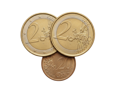 Top-Down View of Two Euro and 20 Cent Coins Overlapping, isolated on white background - Powered by Adobe
