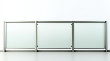 Metal frame fence with frosted glass panels isolated on white background, elegant privacy design concept