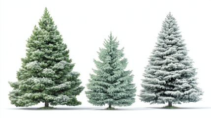 Fototapeta premium Three evergreen Christmas trees stand elegantly in a row, embodying the festive season with their lush, vibrant greenery. A symbol of winter, each tree showcases its unique form.