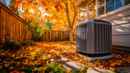 Ac unit in autumn backyard with fallen leaves