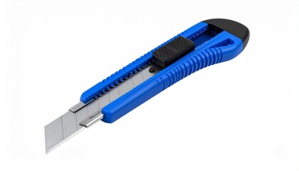 Blue utility knife with retractable segmented blade and textured grip