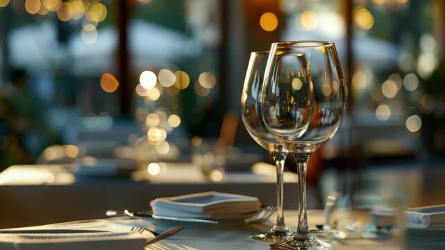 Close-up of a beautifully set dining table with two wine glasses, cutlery, and plates ready for a fancy dinner.