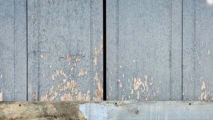 The blue painted wooden walls are in an old condition, with peeling paint, scratches, wear and tear, and grooves. Peeling paint texture on wooden boards. Ruined wooden wall background.