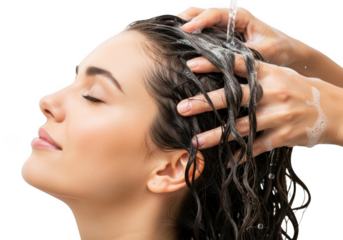 Close up profile of a young woman receiving a refreshing hair wash with water cascading over her dark locks isolated on transparent background