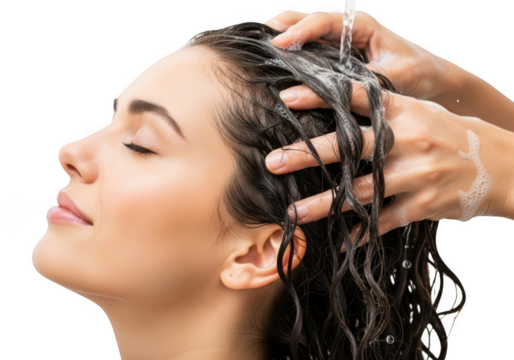 Close up profile of a young woman receiving a refreshing hair wash with water cascading over her dark locks isolated on transparent background