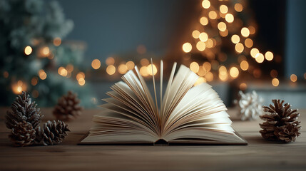 A mesmerizing still life scene of a book, pinecones, and warm festive lights, evoking a sense of calm and reading in the holiday season. 