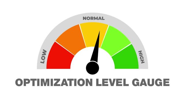 OPTIMIZATION LEVEL GAUGE METER. Simple rainbow color Speedometer Icon on Transparent Background.