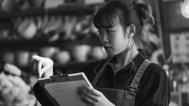 A woman focused on a menu card inside a kitchenware shop with shelves of bowls and other ceramics in the background.