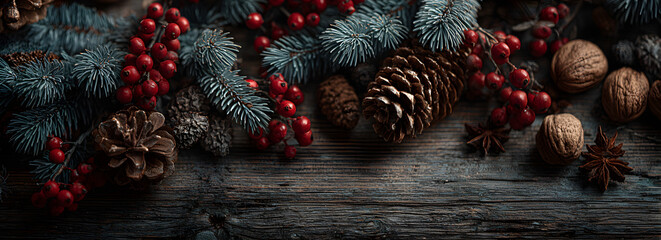 Fototapeta premium christmas wooden natural decoration ornament wide horizontal banner with copyspace