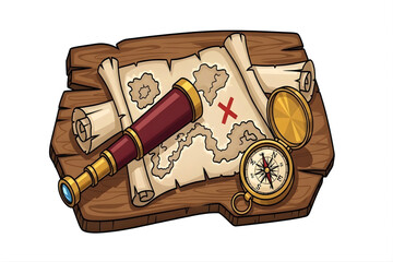 Treasure map with spyglass and compass