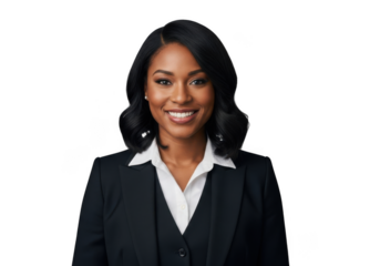 Professional african american woman wearing a dark suit and white shirt smiling confidently isolated on transparent background