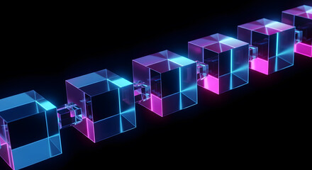 Blockchain technology concept with glowing cubes connected in a chain shape