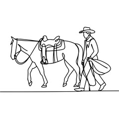 Continuous line drawing of a cowboy leading a saddled horse, evoking Western lifestyle and adventure