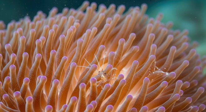 Close-up underwater shot featuring a coral anemone with soft, orange tentacles and a tiny, translucent shrimp nestled amongst them. The background is blurred, focusing on the intricate details