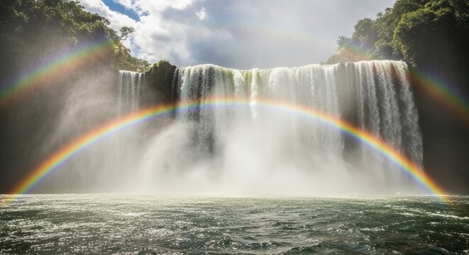 Majestic waterfall cascades down a rock face, enveloped in a double rainbow. Lush greenery frames the scene under a cloudy sky. The water crashes with power into a calm pool