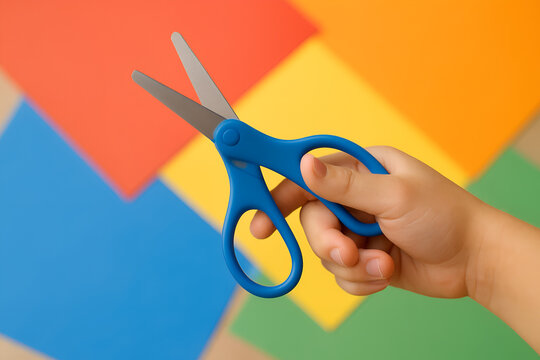 Child's Hand Holding blue Scissors Against Colorful paper Background