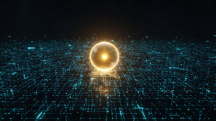 Abstract Technology Background with Glowing Sphere and Circuit Board Grid, Data Transmission Network, Futuristic Digital Landscape, Artificial Intelligence Concept