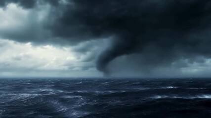 Tornado forms over stormy ocean, dark clouds and rough sea create dramatic disaster scene. - Powered by Adobe