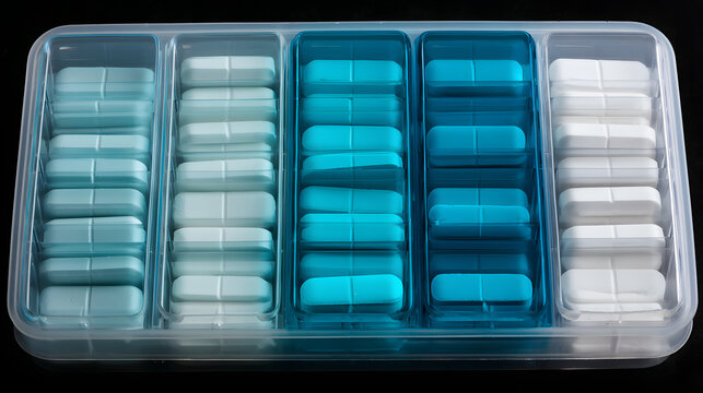 oligarchy. Pill organizer with tablets in sequence, clinical top view, geometric arrangement. STEM education sheets, lab safety posters, designed for biotech research communications.
