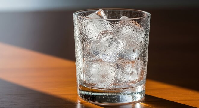 A close-up showcases a transparent glass filled with glistening ice cubes on a wooden surface, partially lit by sunlight. Condensation covers the glass, enhancing the refreshing aesthetic