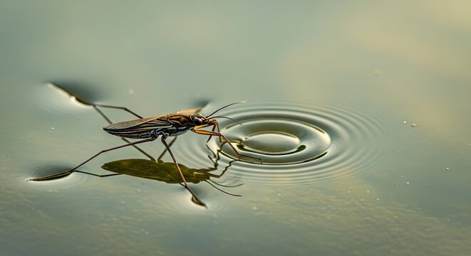 A detailed shot captures a water strider insect on a calm water surface, creating concentric ripples. - Powered by Adobe