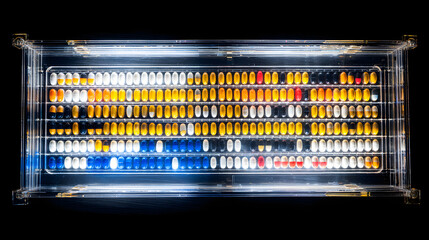 oligarchy. Pill organizer with tablets in sequence, clinical top view, geometric arrangement. STEM education sheets, lab safety posters, designed for biotech research communications.