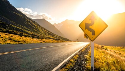 Sunny road stretches into mountainous distance, with winding road sign and meadow