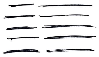 Set of black hand drawn marker pen stroke line transparent background design element doodle scribble underline