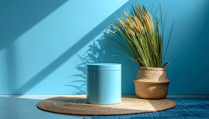 Minimalist blue room decor with decorative elements and natural sunlight creating shadows