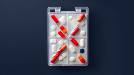 oligarchy. Pill organizer with tablets in sequence, clinical top view, geometric arrangement. STEM education sheets, lab safety posters, designed for biotech research communications.
